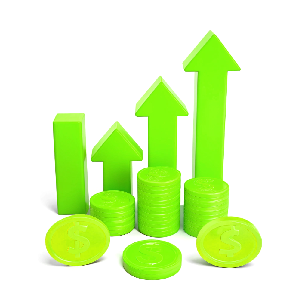 Visualization of the Long-Term Capital Appreciation Focus theme in the form of 3D models of upward arrows and coins